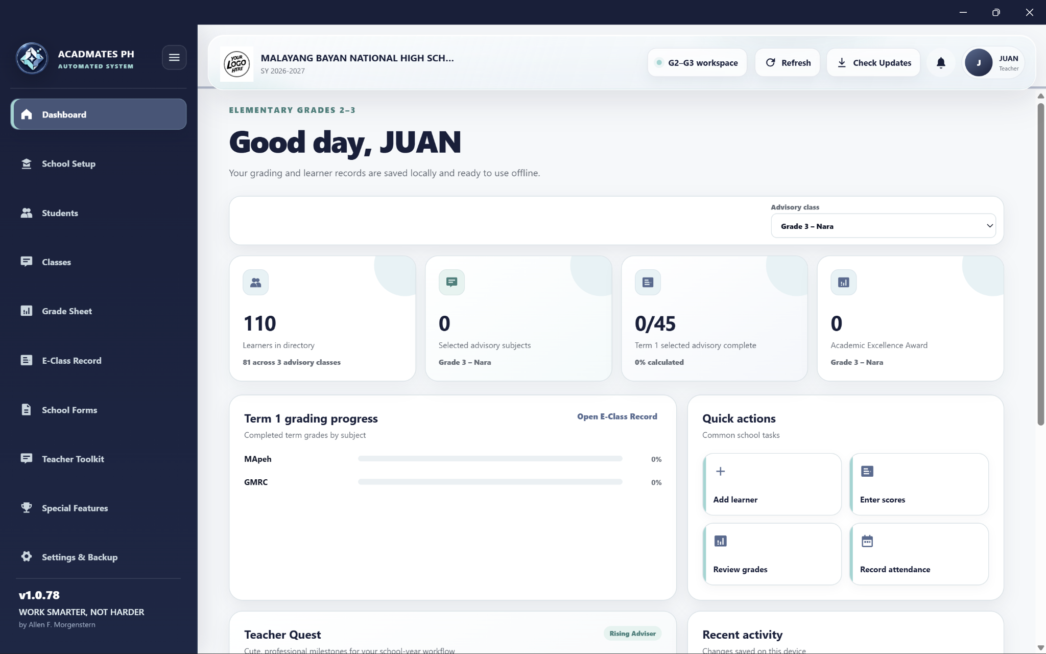 AcadMates System App dashboard preview showing the latest Elementary Grades 2–3 workspace home dashboard